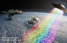 A T-Rex chasing a Unicorn who is trying to escape to the UFO.